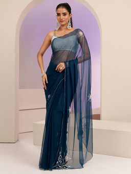 Libas - Womens Teal Embroidered Saree with Unstitched Blouse