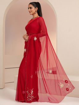 Libas - Womens Red Embroidered Saree with Unstitched Blouse