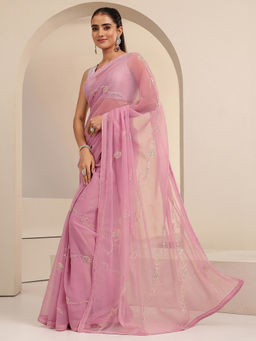 Libas - Womens Pink Embroidered Saree with Unstitched Blouse