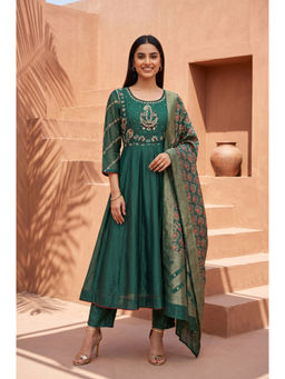 Folksong - Womens Green Embroidered Anarkali Kurta With Pant & Dupatta