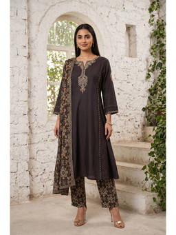Folksong - Womens Brown Embroidered Kurta With Pant & Dupatta