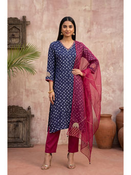 Folksong - Womens Navy Blue Printed Kurta With Pant & Dupatta