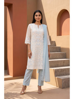 Folksong - Womens Off White Floral Kurta With Pant & Dupatta