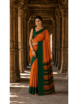 Anjaneya Sarees - Silk Kanjivaram Orange Woven Handloom Saree with Unstitched Blouse