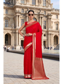 Monjolika Fashion - Womens Red Handloom Saree with Unstitched Blouse