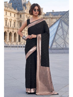 Monjolika Fashion - Womens Black Handloom Saree with Unstitched Blouse