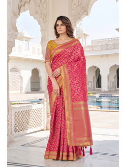 Monjolika Fashion - Womens Pink Floral Handloom Saree with Unstitched Blouse