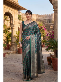 Monjolika Fashion - Womens Green Floral Handloom Saree with Unstitched Blouse