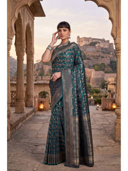 Monjolika Fashion - Womens Teal Floral Handloom Saree with Unstitched Blouse