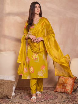 Vaamsi - Womens Yellow Floral Kurta With Pant & Dupatta