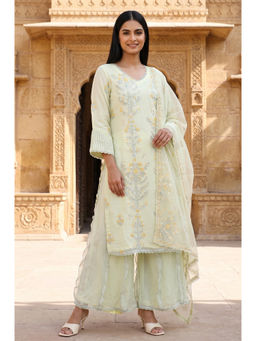 Wishful - Womens Yellow Embroidered Kurta With Palazzo & Dupatta