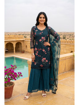 Wishful - Womens Teal Embroidered Kurta With Palazzo & Dupatta