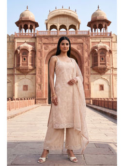 Wishful - Womens Beige Embroidered Kurta With Palazzo & Dupatta