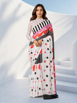 Vastramay - Womens Pink Polka Dots Printed Saree with Unstitched Blouse