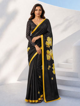 Vastramay - Womens Yellow Floral Printed Saree with Unstitched Blouse