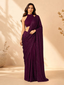 Vastramay - Womens Purple Embellished Saree with Unstitched Blouse
