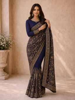 Vastramay - Womens Blue Embroidered Saree with Unstitched Blouse