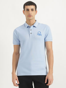 United Colors of Benetton - Blue Cotton Blend Solid Polo T-Shirt