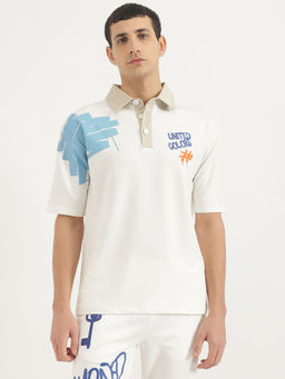 United Colors of Benetton - White Cotton Blend Printed Polo T-Shirt