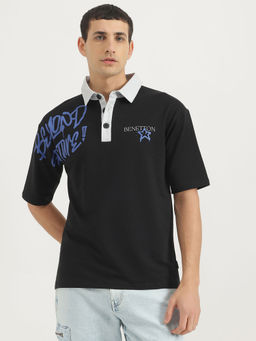 United Colors of Benetton - Black Cotton Blend Printed Polo T-Shirt