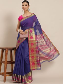 ISHIN - Womens Cotton Navy Blue & Pink Zari Woven Saree with Unstitched Blouse