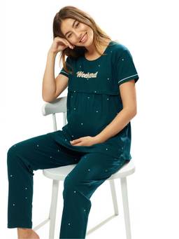 LOTIK - Cotton Teal Printed Maternity and Feeding Top with Pyjama