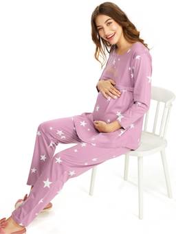 LOTIK - Cotton Onion Star Printed Maternity and Feeding Top with Pyjama