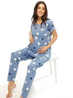 LOTIK - Cotton Sky Blue Dots Printed Maternity and Feeding Top with Pyjama