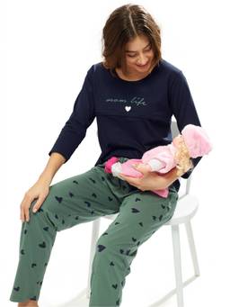 LOTIK - Cotton Navy Blue Heart Printed Maternity and Feeding Top with Pyjama