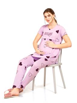 LOTIK - Cotton Purple Heart Printed Maternity and Feeding Top with Pyjama