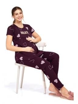 LOTIK - Cotton Wine Heart Printed Maternity and Feeding Top with Pyjama