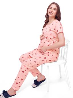 LOTIK - Cotton Pink Heart Printed Maternity and Feeding Top with Pyjama