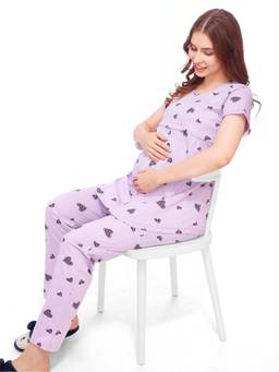 LOTIK - Cotton Pink Heart Print Maternity and Feeding Top with Pyjama