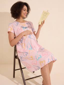 LOTIK - Women's Cotton Pink Heart Printed Maternity Short Nighty