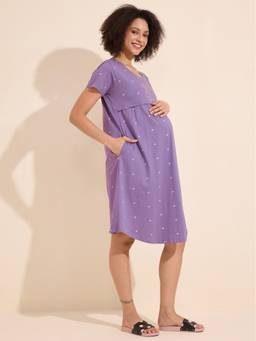 LOTIK - Women's Cotton Purple Star Printed Maternity Short Nighty