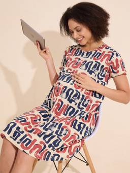 LOTIK - Women's Cotton Cream Printed Maternity Short Nighty