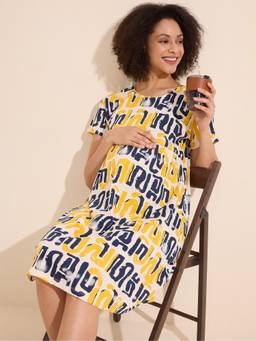 LOTIK - Women's Cotton Yellow Printed Maternity Short Nighty