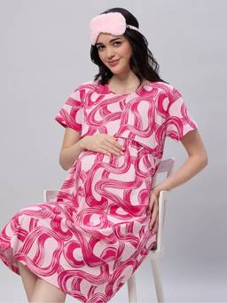 LOTIK - Women's Cotton Pink Printed Maternity Short Nighty