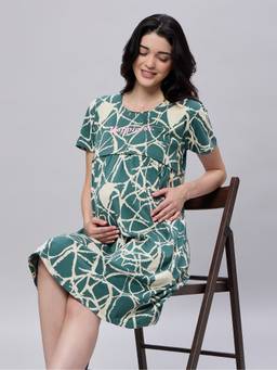 LOTIK - Women's Cotton Green Printed Maternity Short Nighty