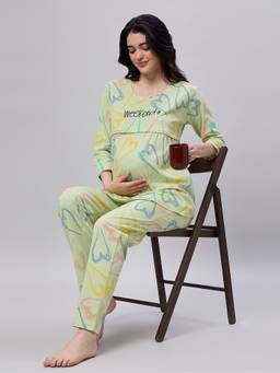 LOTIK - Cotton Green Heart Printed Maternity and Feeding Top with Pyjama