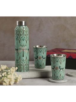 India Circus by Krsnaa Mehta - Green Mirroring Deer Garden Bottle and Tumbler Set