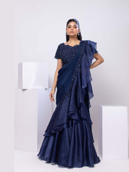 SMRITI - Navy Blue Drape Saree and Stitched Blouse Set with Stitched
