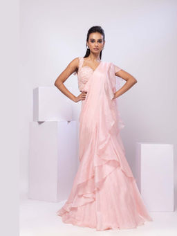 SMRITI - pink Embellished drape Saree and Stitched Blouse set with Stitched