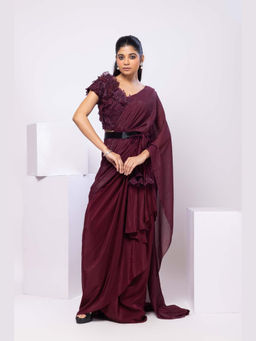 SMRITI - Wine 3d Floral Stitched Blouse and Drape Saree Set with Stitched