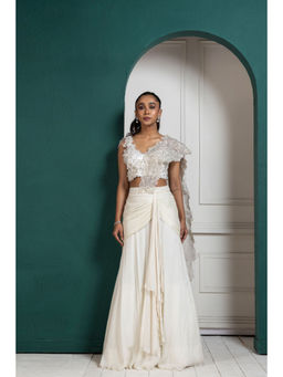 SMRITI - White Romantic Pearl Embellished Drape Saree and Stitched Blouse with Stitched