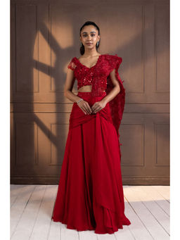 SMRITI - Romantic Red Embellished Drape Saree and Stitched Blouse with Stitched