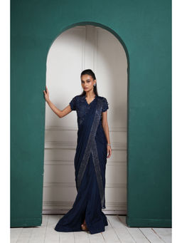 SMRITI - Navy Blue Midnight Elegance Embellished Saree and Stitched Blouse with Stitched