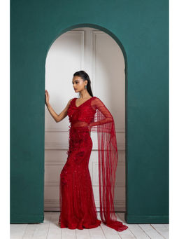 SMRITI - Red Scarlet Bloom Embellished Drape Saree and Stitched Blouse with Stitched