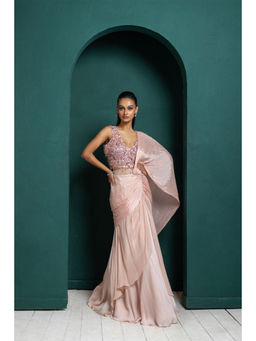 SMRITI - Pink Blush Embellished Elegance Drape Saree and Stitched Blouse Set with Stitched