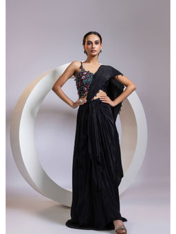 SMRITI - Black Embellished Embernoir Draped Saree and Stitched Blouse with Stitched